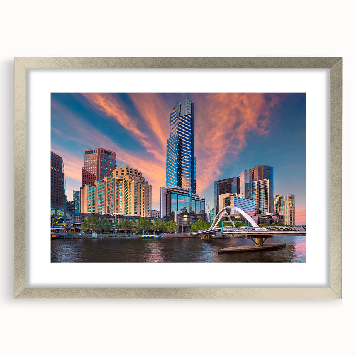 Abstract art print of Melbourne skyline in muted gray and silver tones on a framed canvas, suitable for dining room decor.