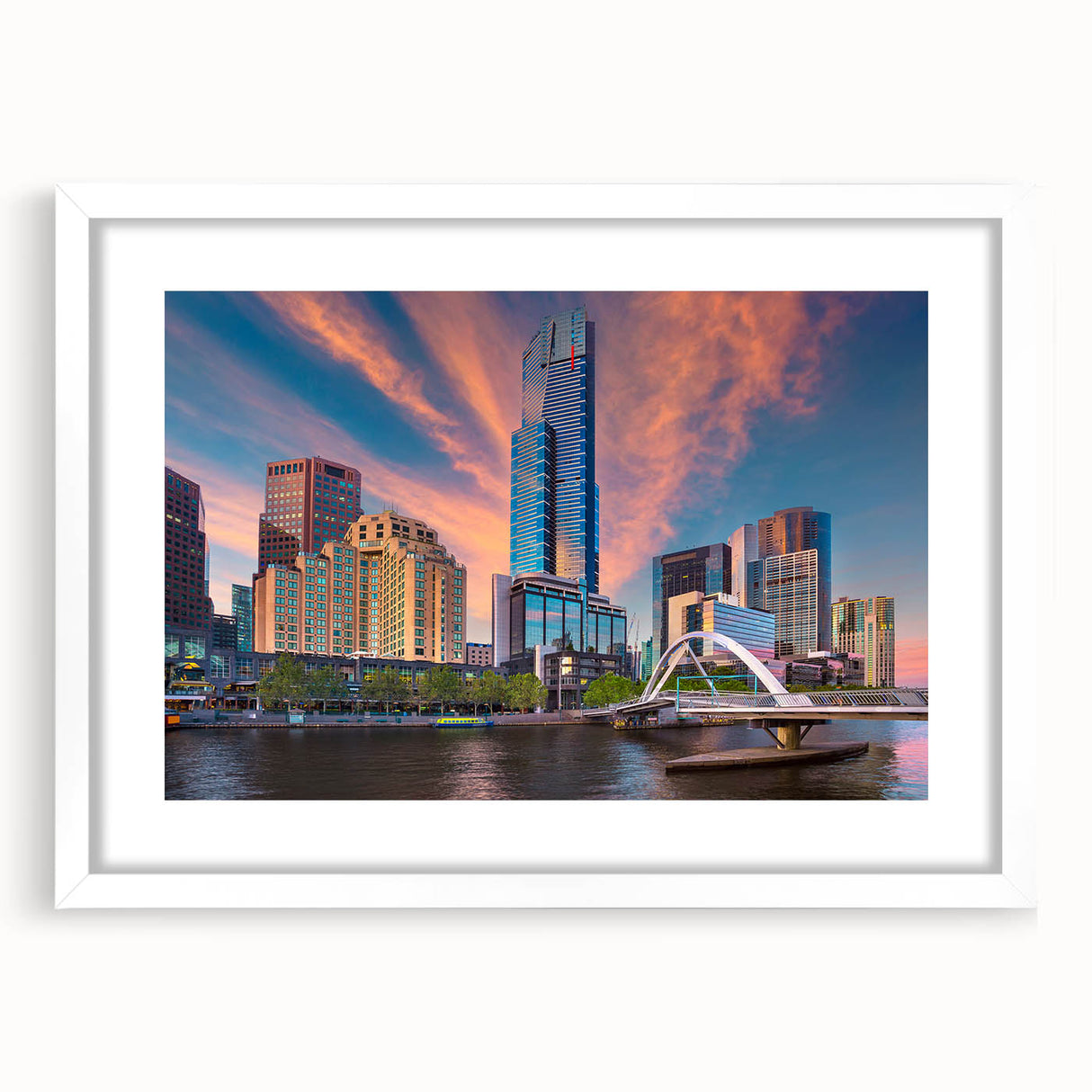 Extra large abstract art print of Melbourne scenery in textured style with muted earth tones on a framed canvas.