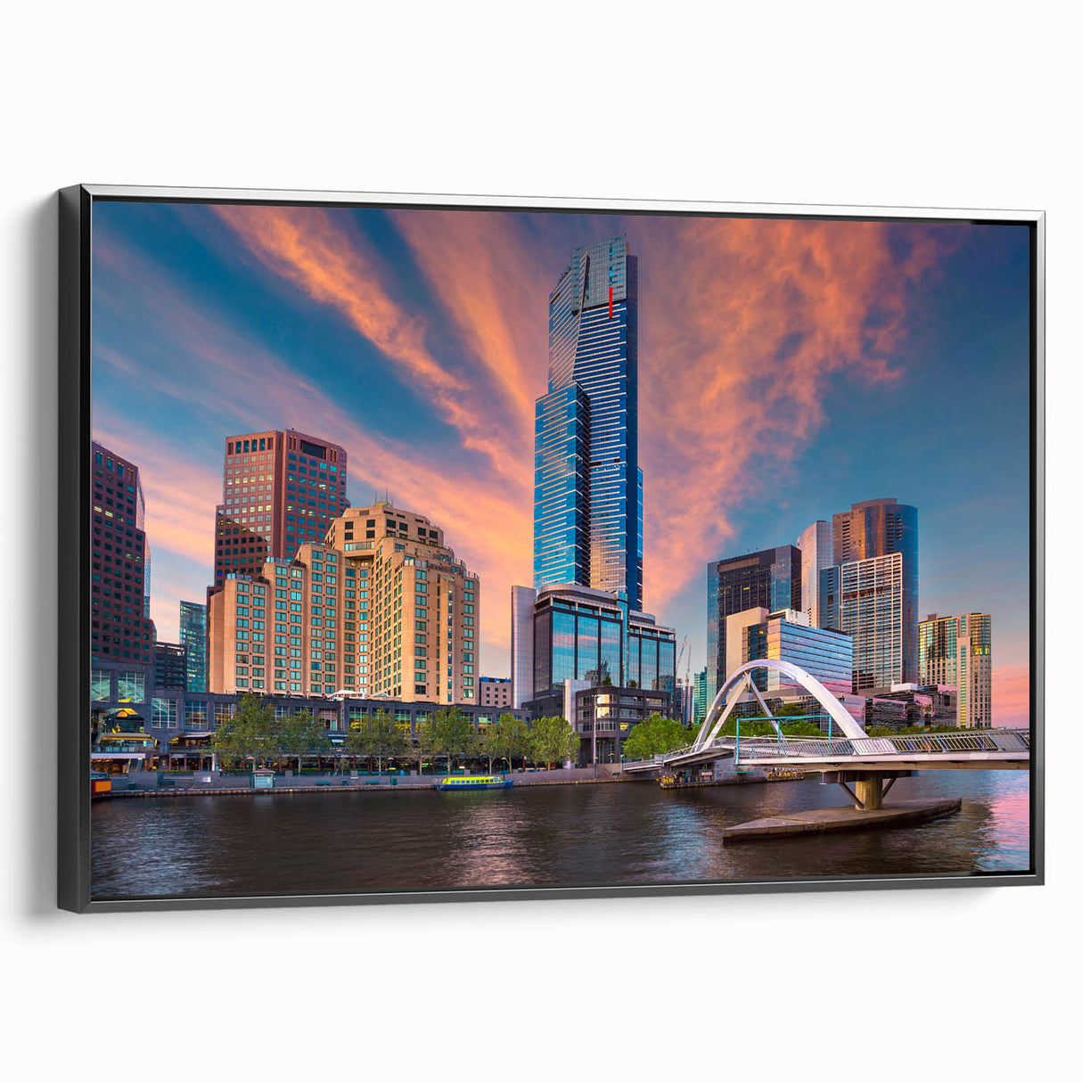 Black and white framed canvas of Melbourne landscape, ideal for bedroom wall art with a vintage poster style.