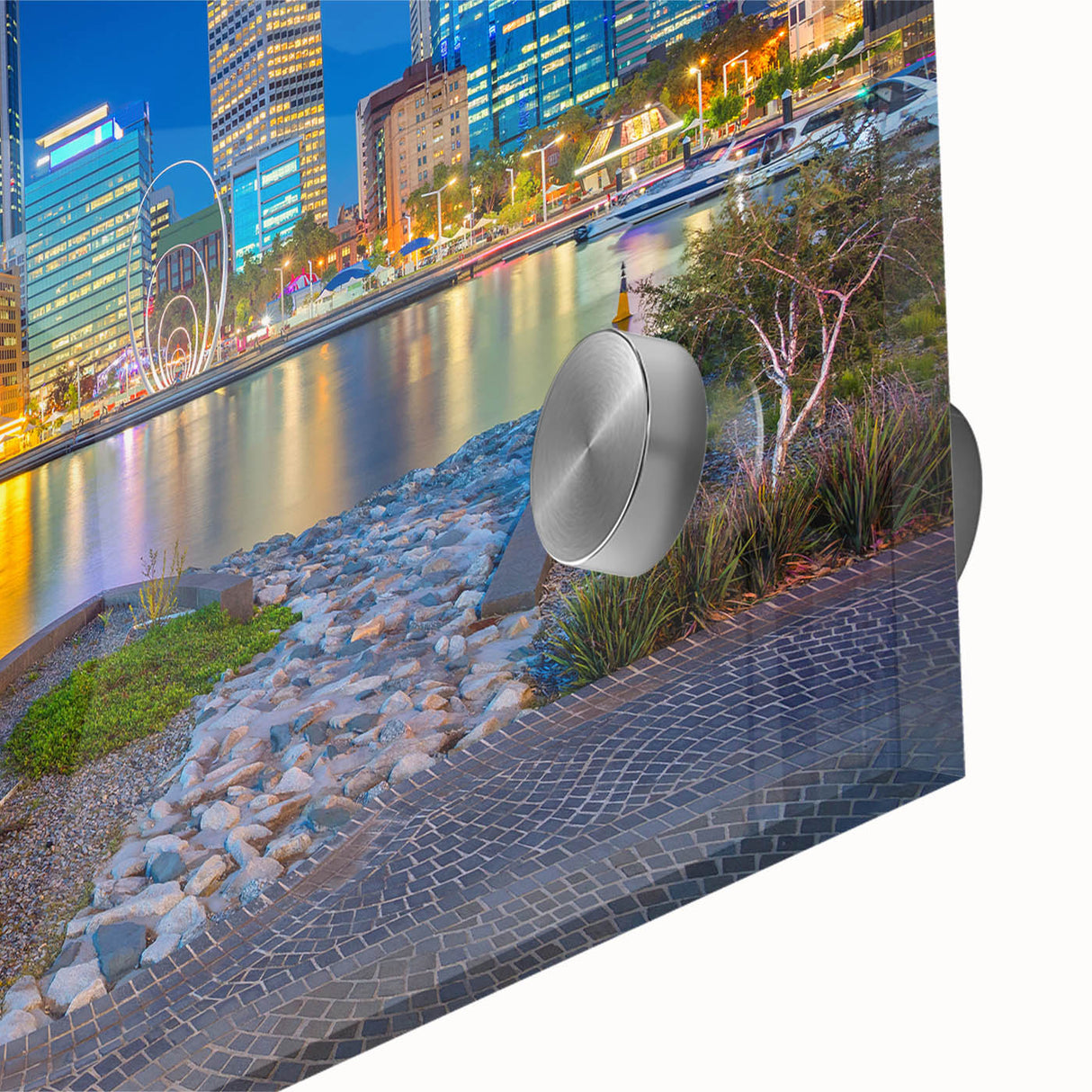 Large abstract wall art of Perth skyline in muted blue and orange tones on acrylic glass, suited for dining room ambiance.