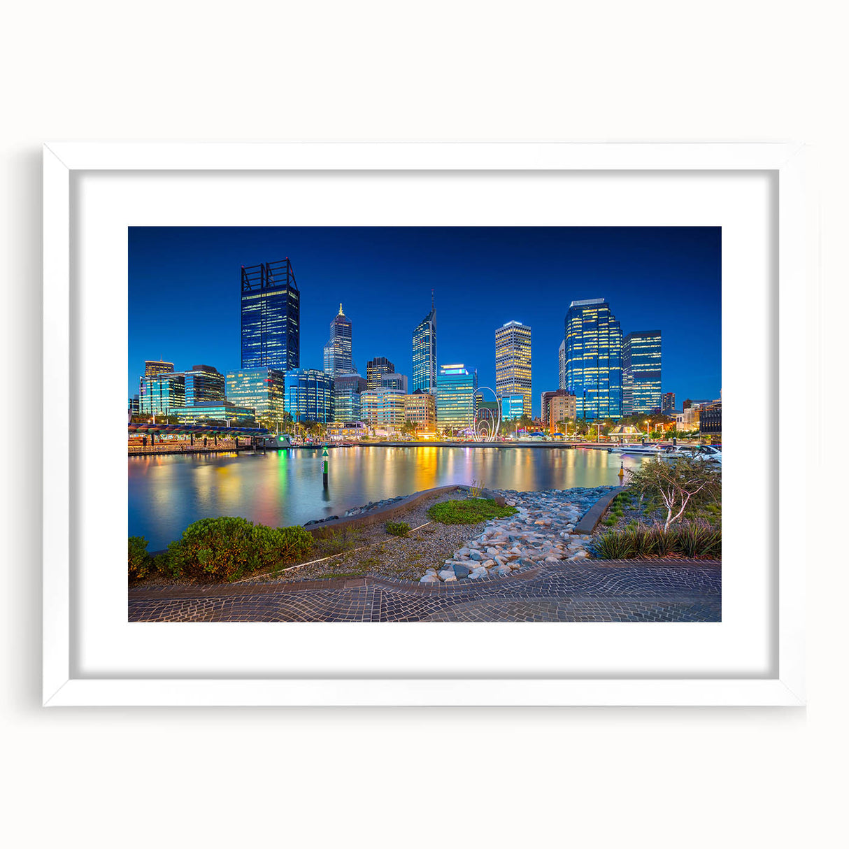 Extra large abstract art print of Perth scenery in muted earth tones on a white framed canvas, ideal for living room decor.