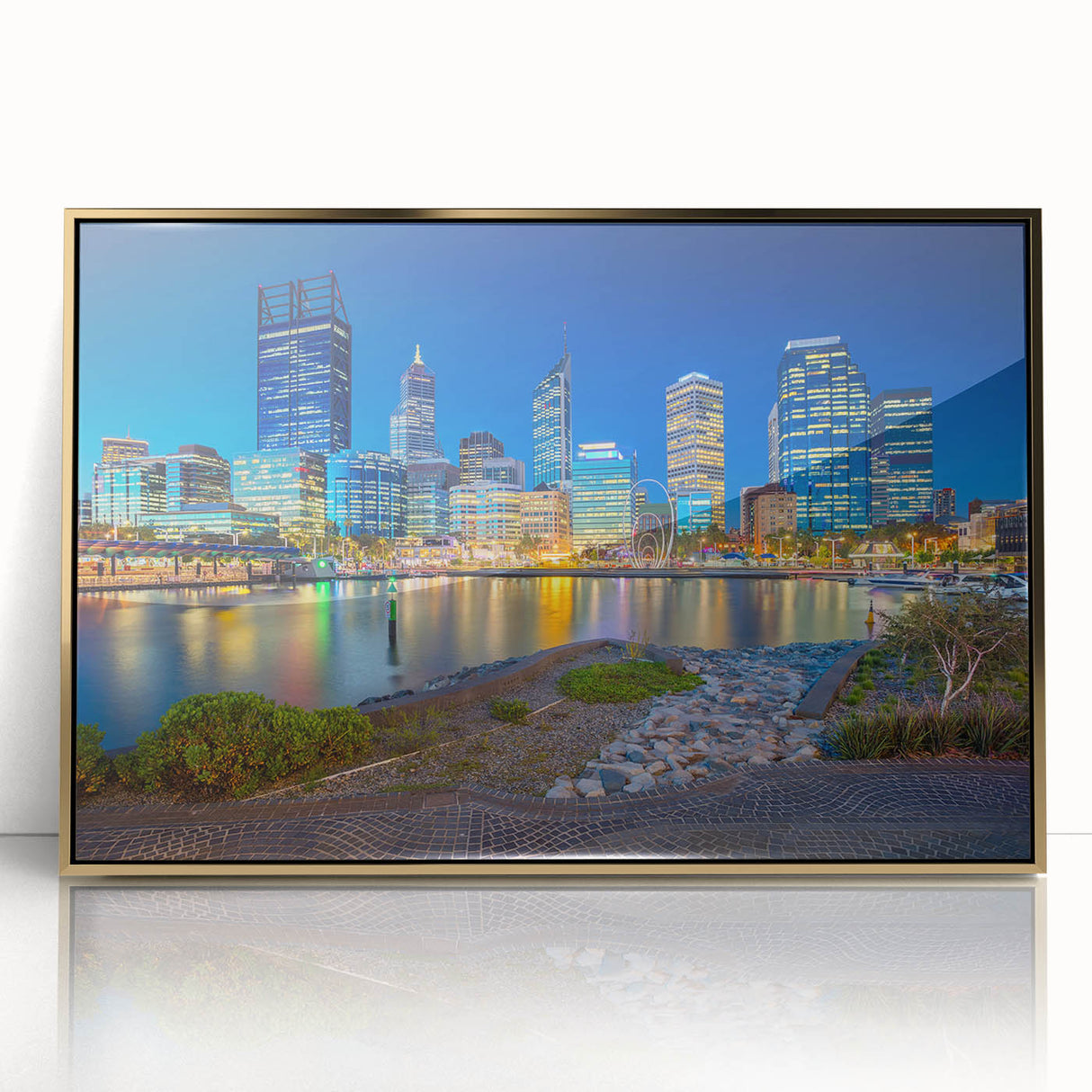 Mid-century modernist art depicting the Perth skyline in muted gold and blue tones on a framed acrylic print.