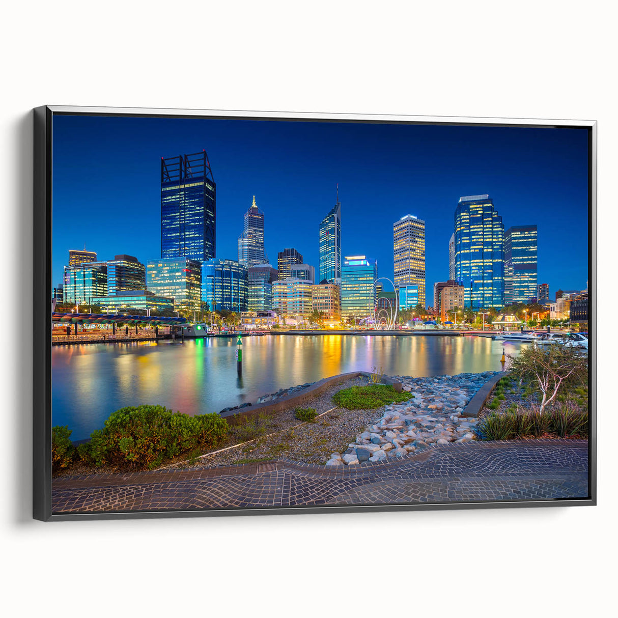 Black and white framed canvas of Perth landscape, ideal for bedroom wall decor.