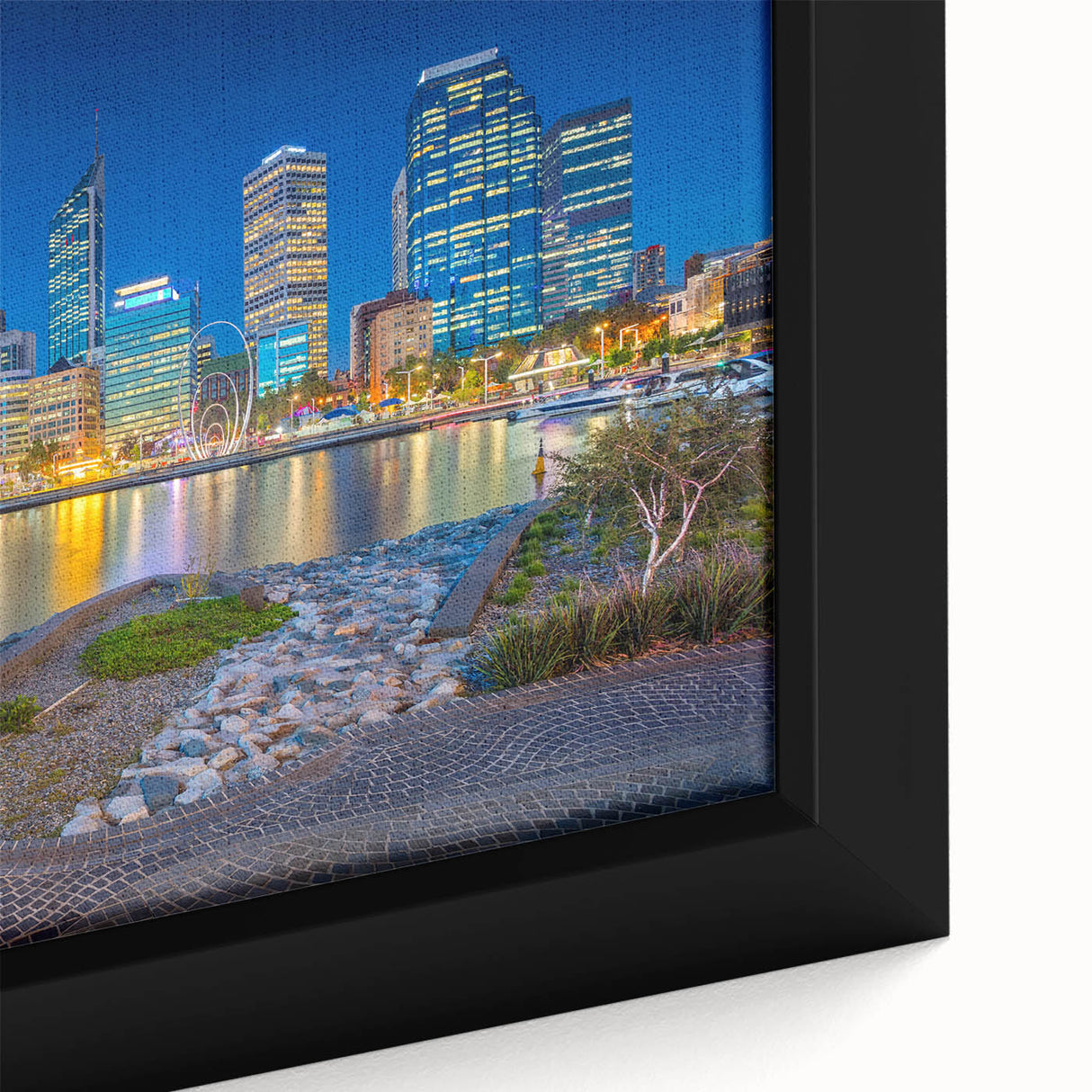 Textured black wall art depicting a colorful Perth skyline on extra large framed canvas, ideal for living room decor.