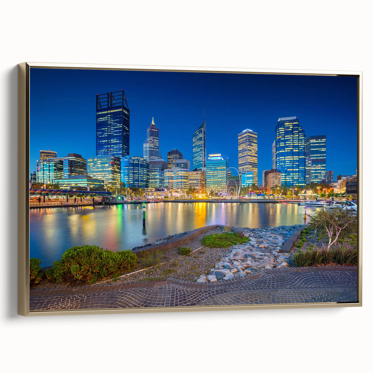 Framed canvas landscape art painting of Perth, Australia in colorful hues, ideal for adding character to a living room.
