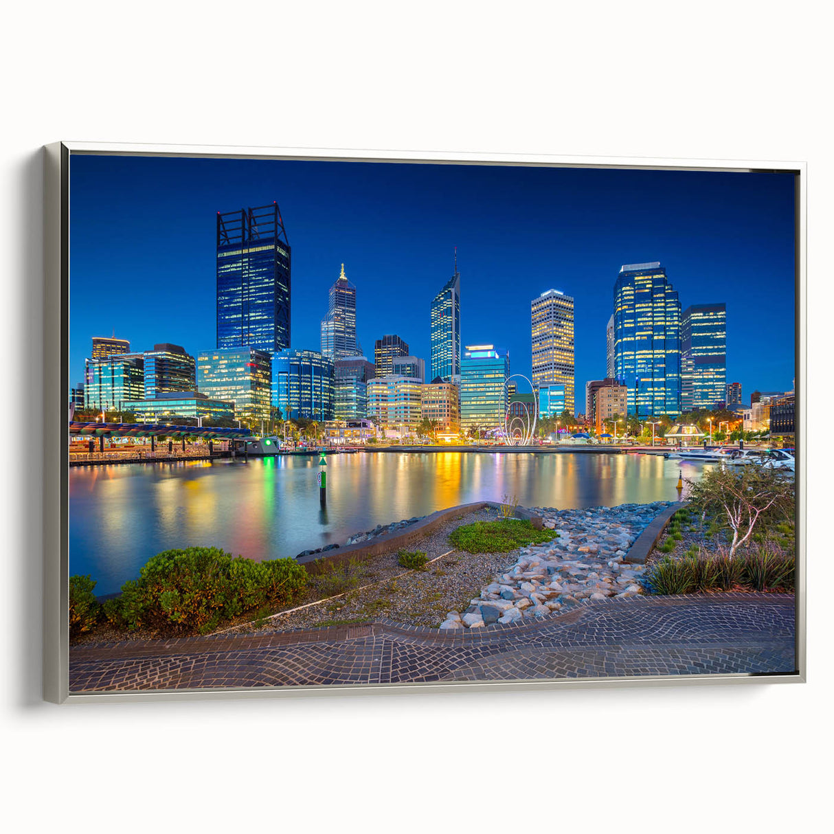 Vintage poster art of Perth scenery on framed canvas, with black and colorful accents, suitable for living room.