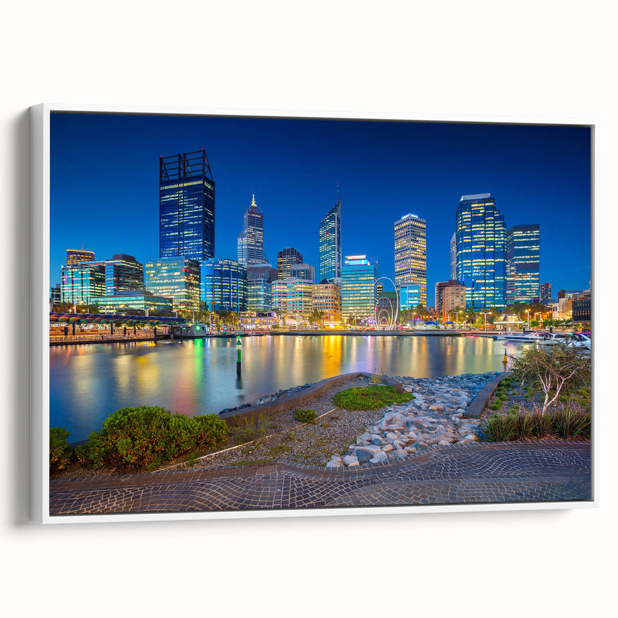 Framed canvas depicting a vintage-style black and white landscape of Perth, Australia, ideal for bedroom wall decor.