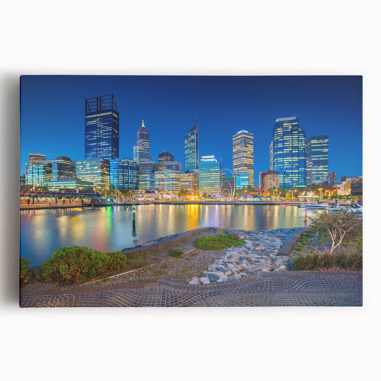 Black and white photograph of Perth skyline on large stretched canvas, ideal for kitchen wall art.