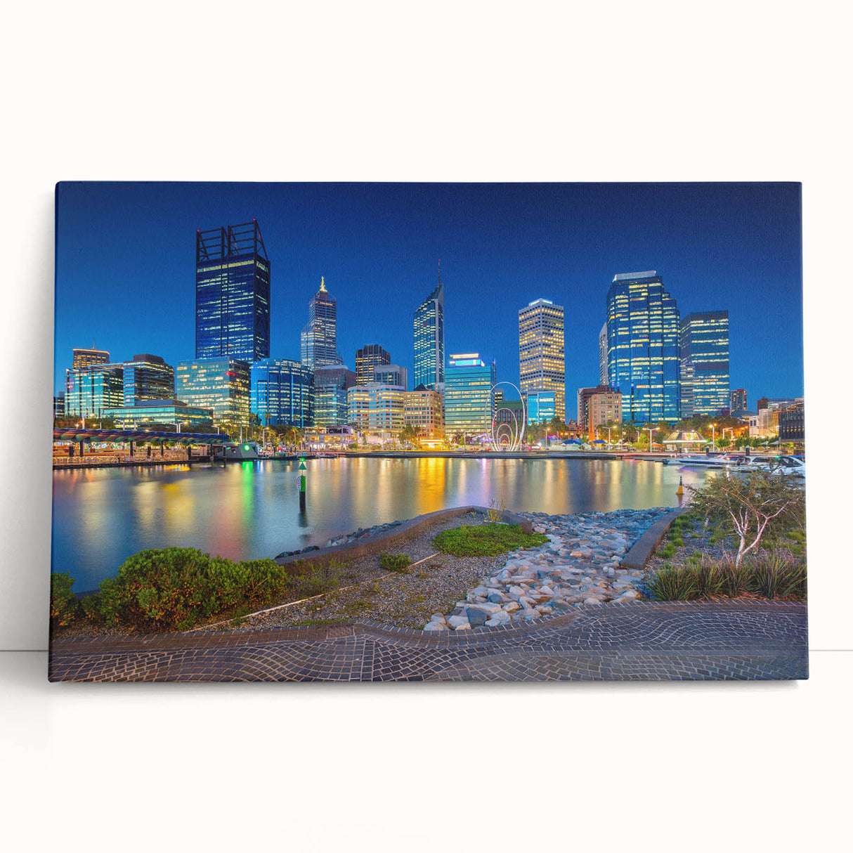 Large black and white stretched canvas of Perth skyline, ideal for kitchen wall art or bedroom decor.