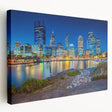 Large canvas print of Perth skyline in muted blue and green tones, ideal for kitchen wall art.