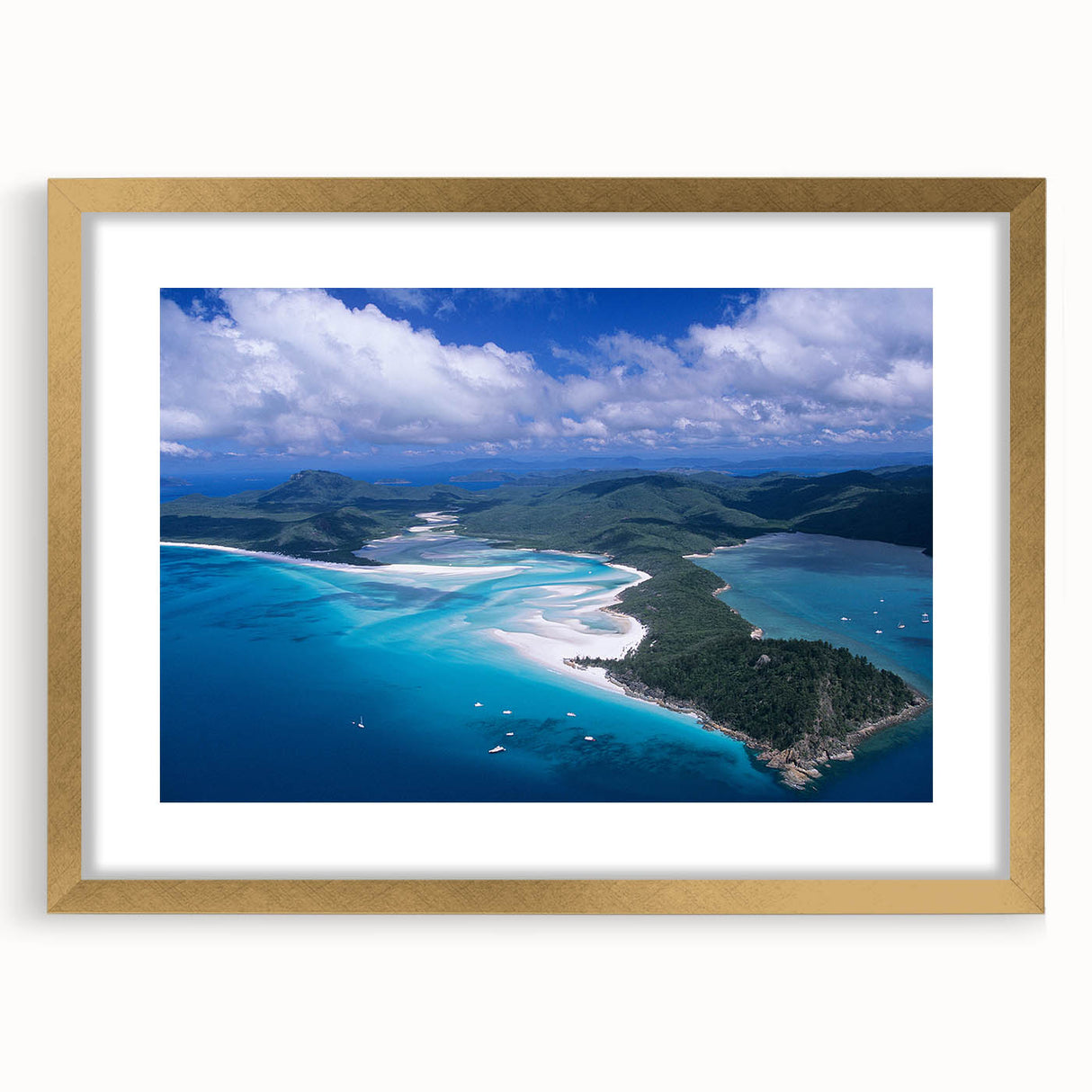 Extra large abstract art print of Queensland scenery in textured style, with gold frame, ideal for living room decor.