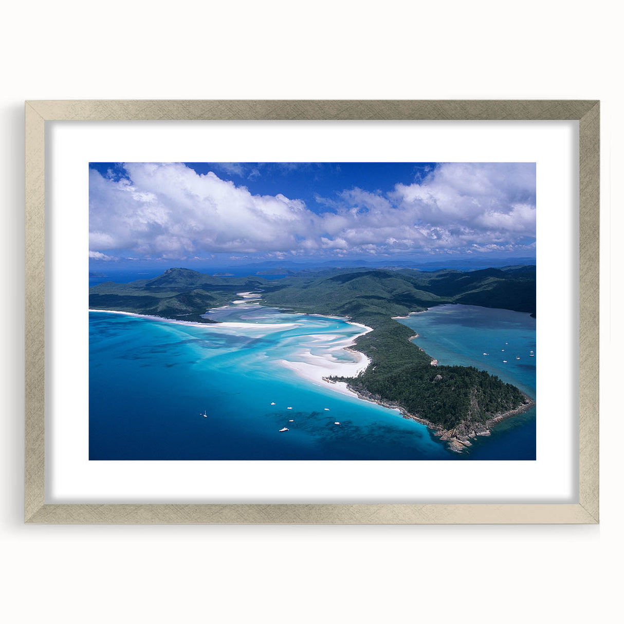 Textured abstract art print of Queensland scenery in silver frame with mat, ideal for bedroom art.