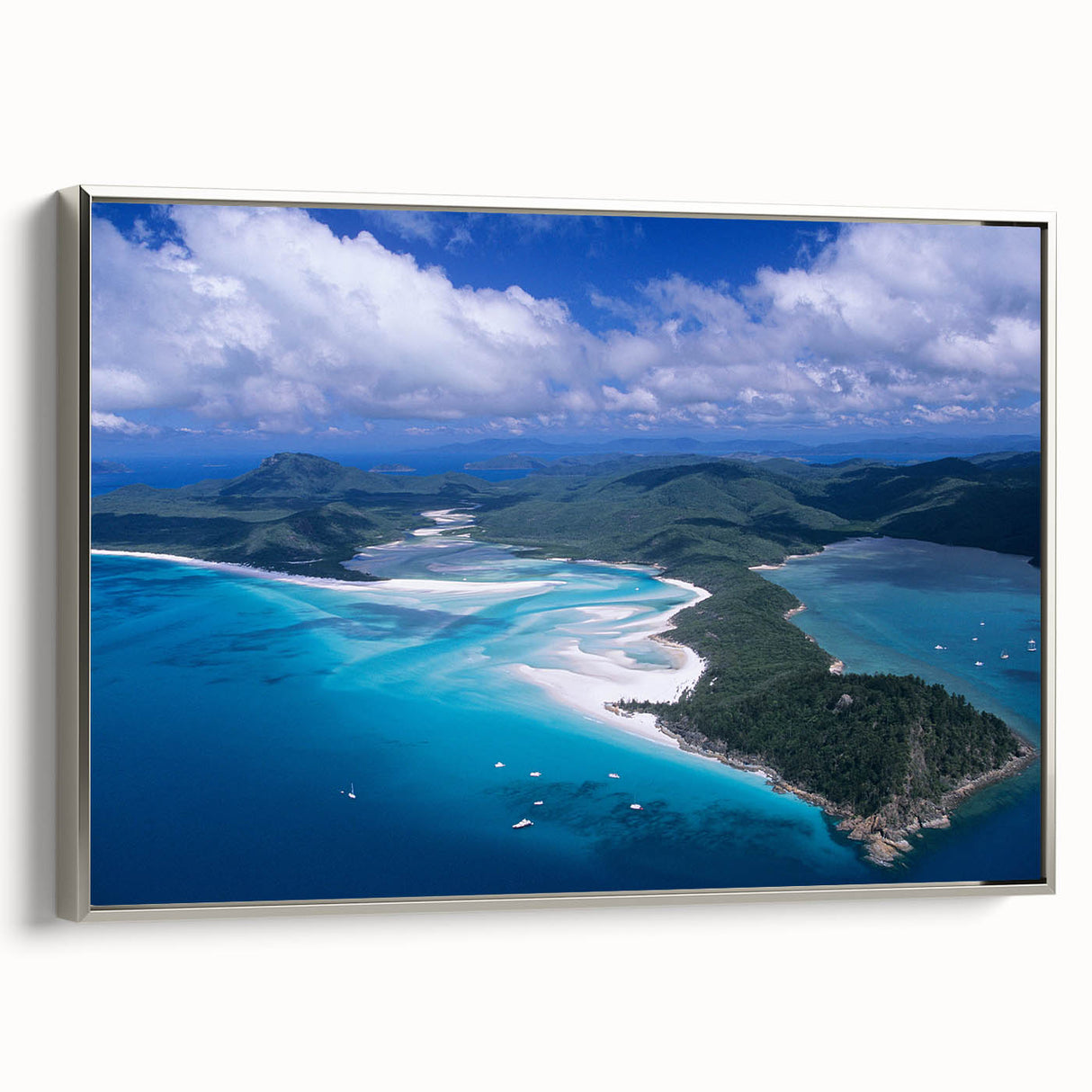 Landscape art painting of Queensland, Australia on framed canvas, featuring vibrant colors and a vintage poster style.