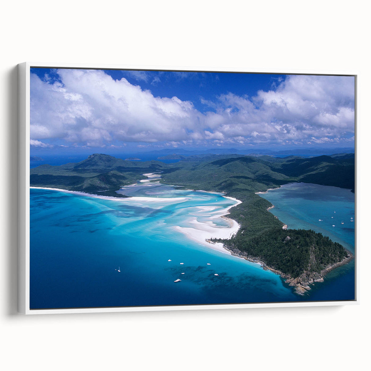 Vintage poster art of Queensland scenery on a framed canvas, featuring black and colorful art, ideal for living room decor.