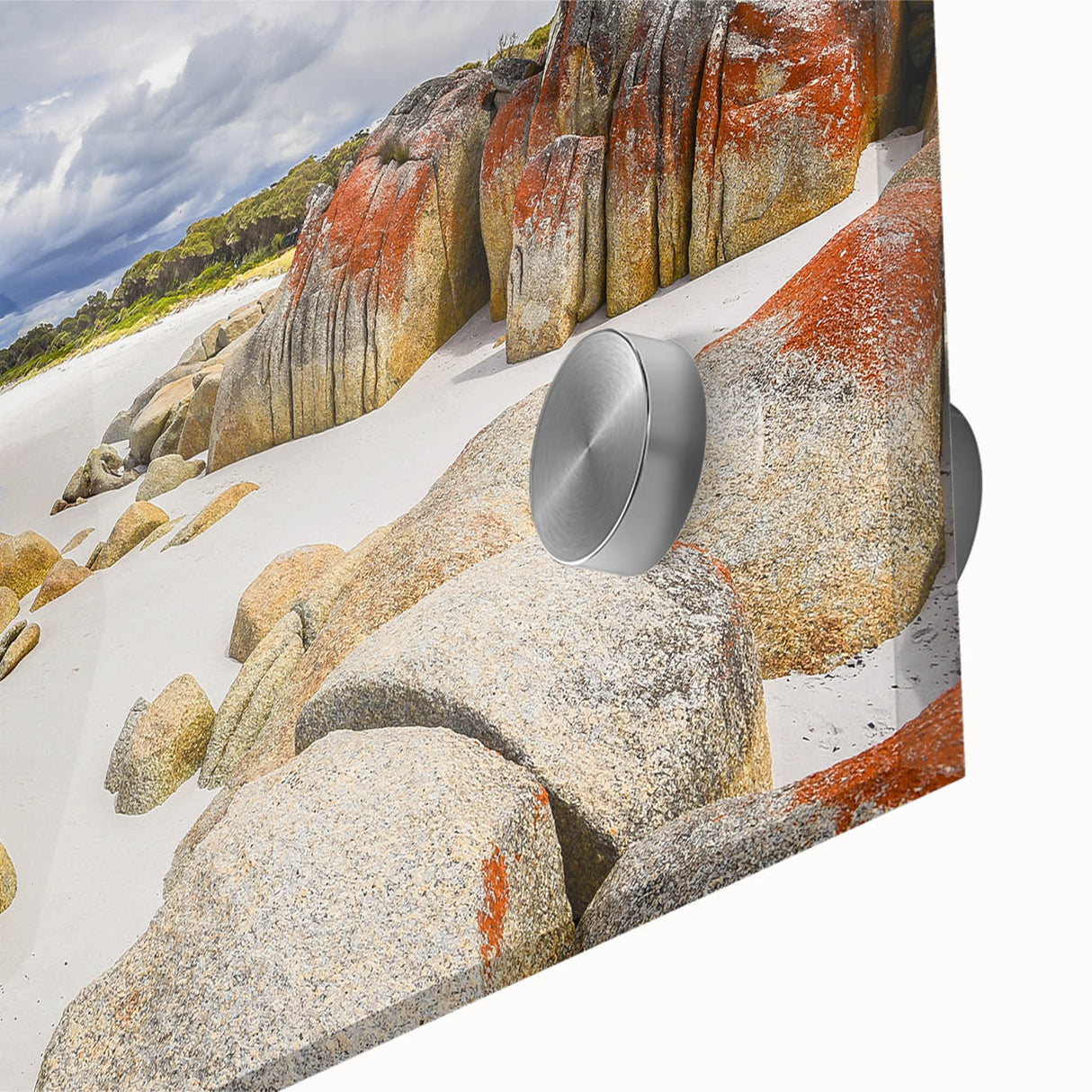 Large abstract depiction of Tasmania scenery in muted earth tones on acrylic glass, suitable for dining room art.