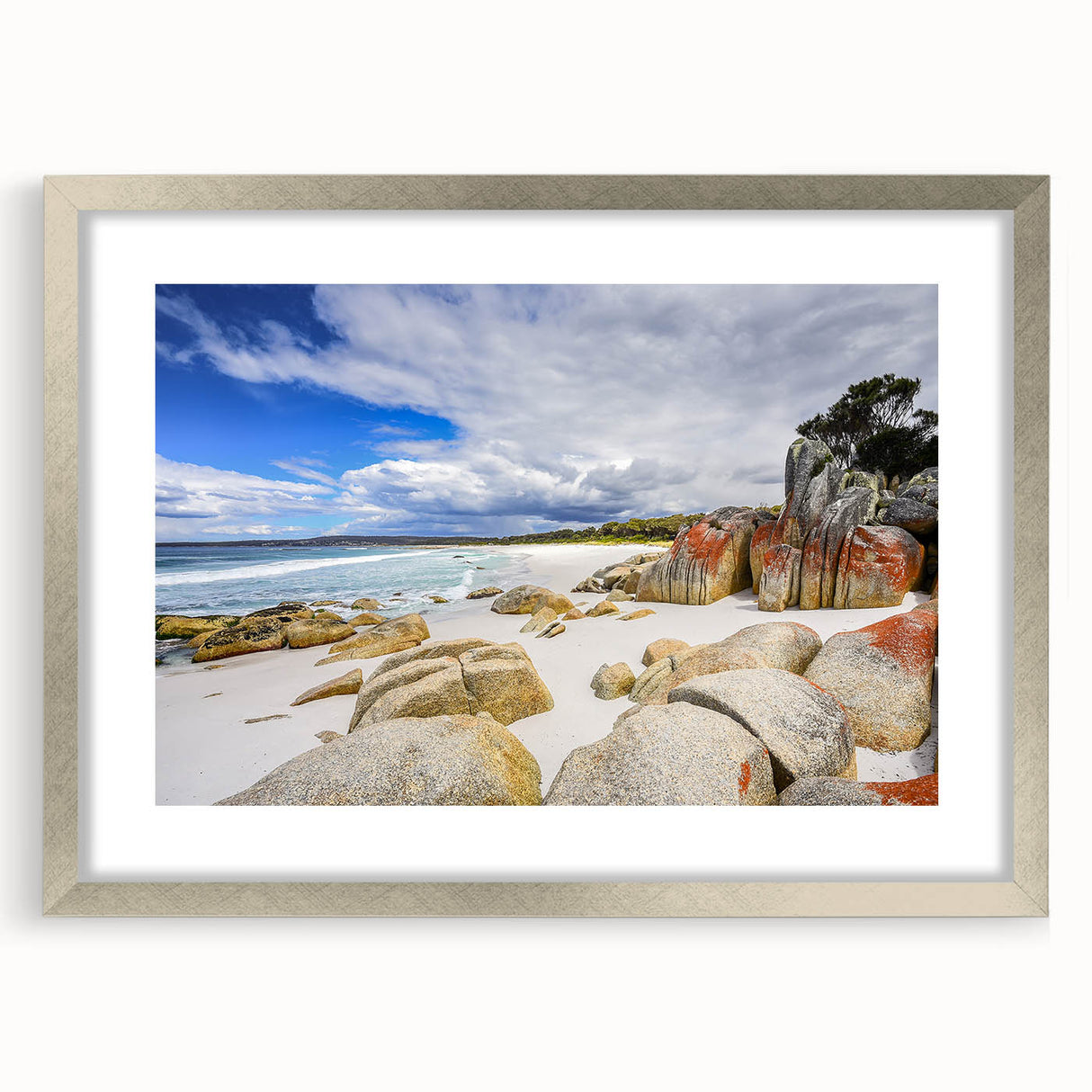 Extra large abstract art print of a textured Tasmanian landscape in muted earth tones, framed in silver.