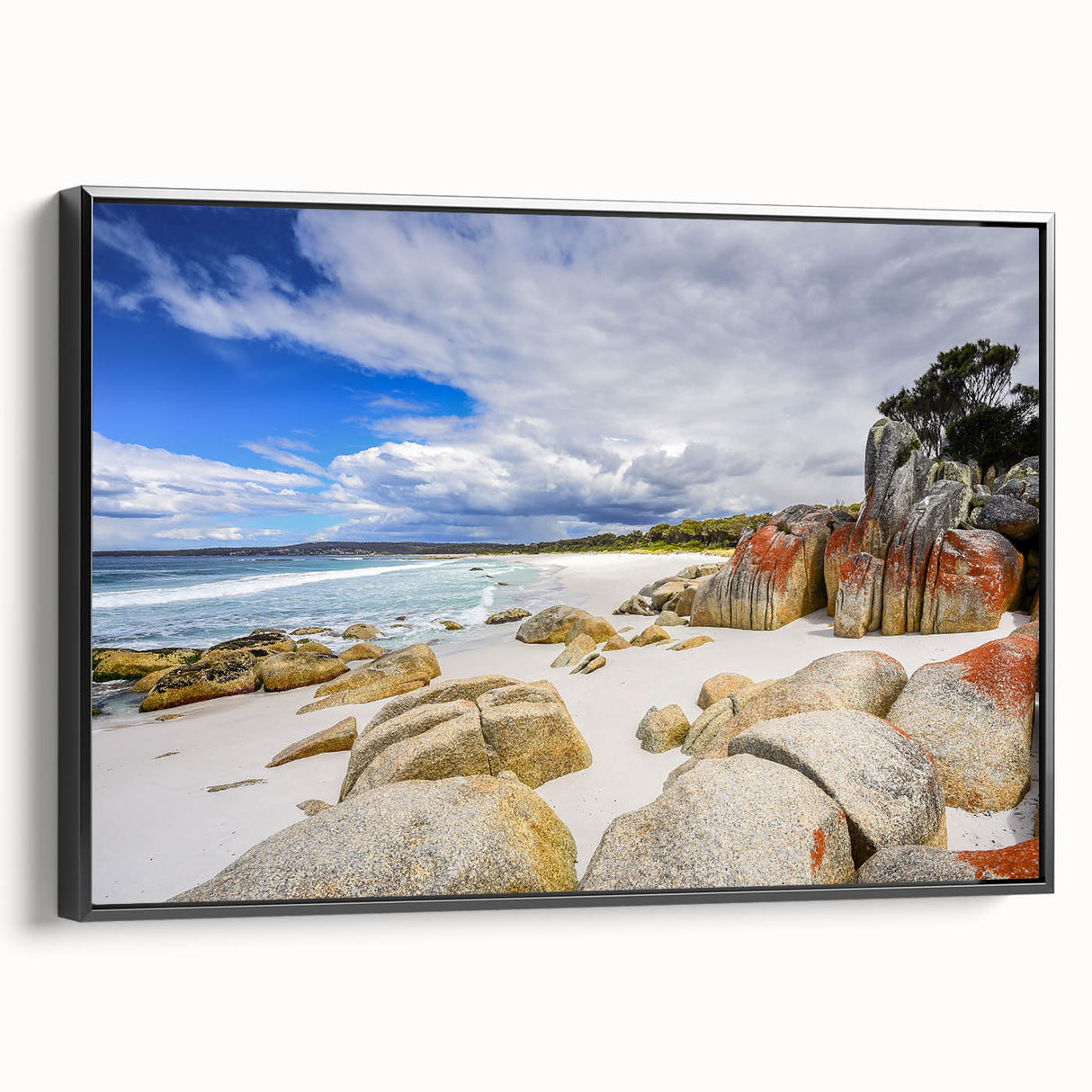 Black and white landscape art of Tasmania on framed canvas, ideal for bedroom decor, featuring vintage poster style.