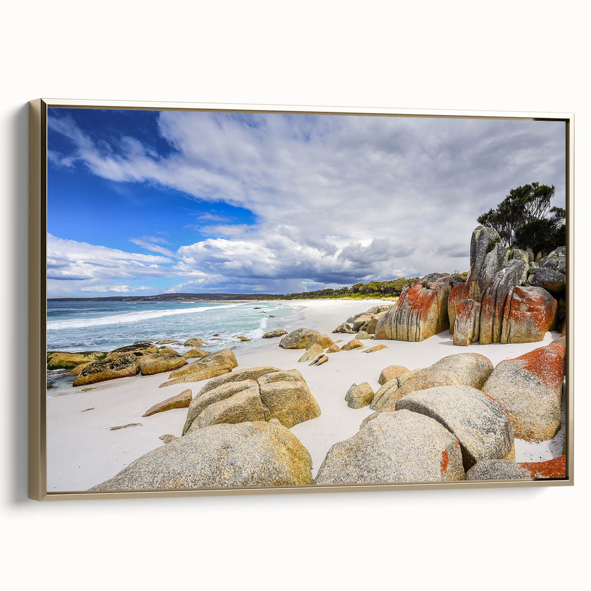 Framed canvas featuring a vintage-style Tasmanian landscape in muted gold and black tones, ideal for bedroom wall art.