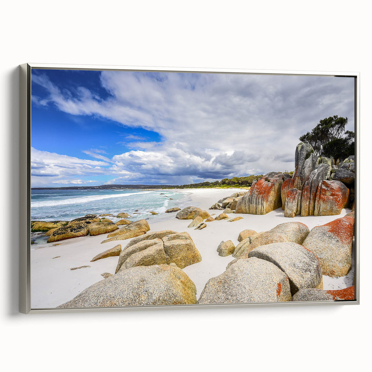 Framed canvas landscape art painting featuring a vintage-style Tasmanian scenery in muted earth tones.