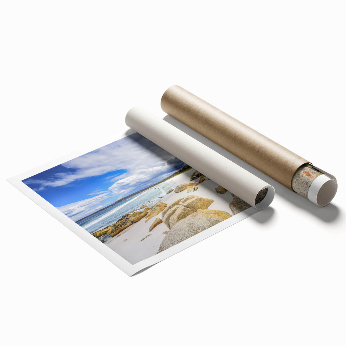 Extra large rolled print of Tasmania scenery featuring vibrant green landscapes and blue skies.