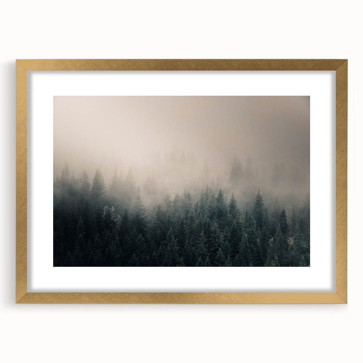 Extra large abstract art print depicting textured scenery of British Columbia, in muted earth tones, framed in gold.