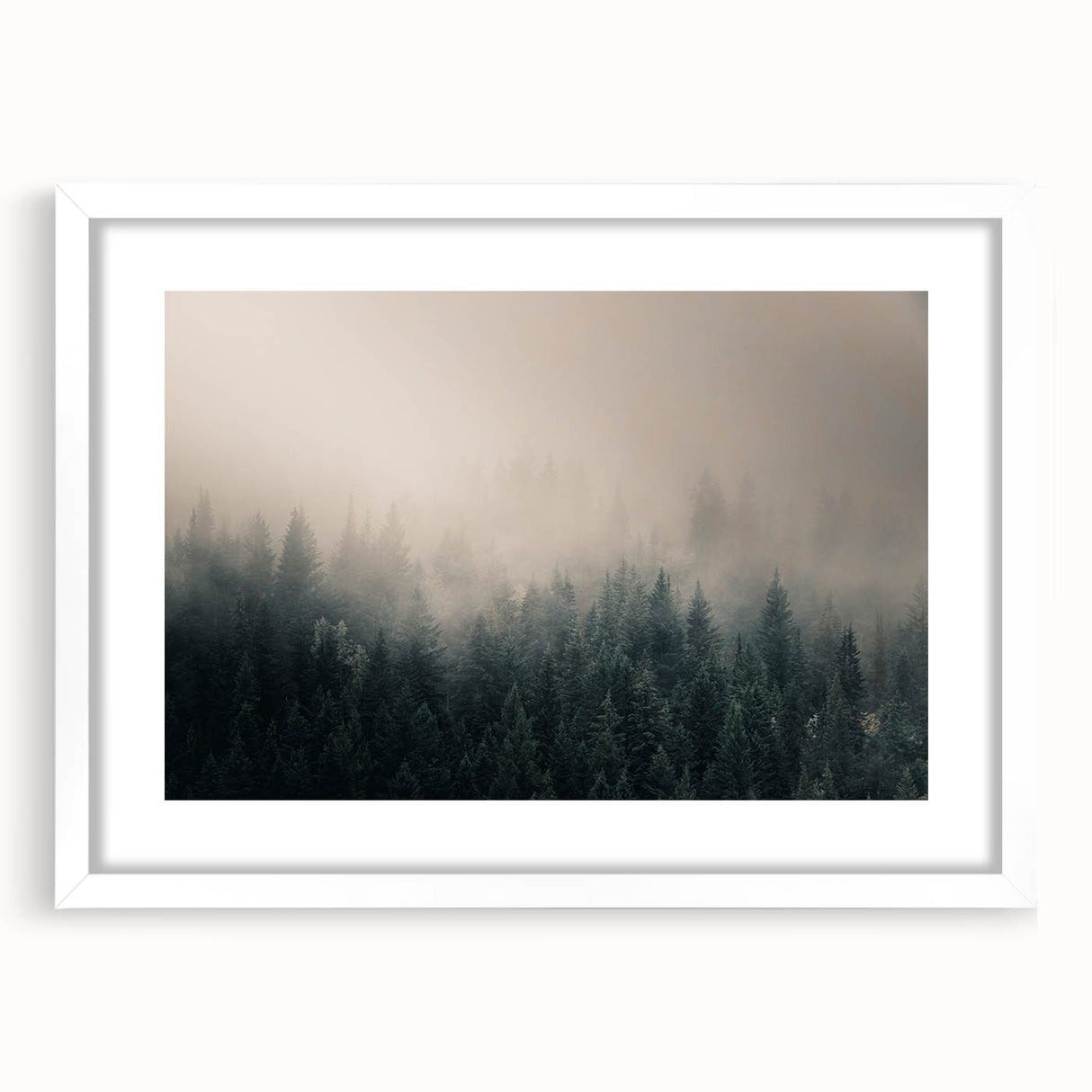 Abstract art print of British Columbia scenery in muted earth tones, framed with a white mat, suitable for dining room decor.