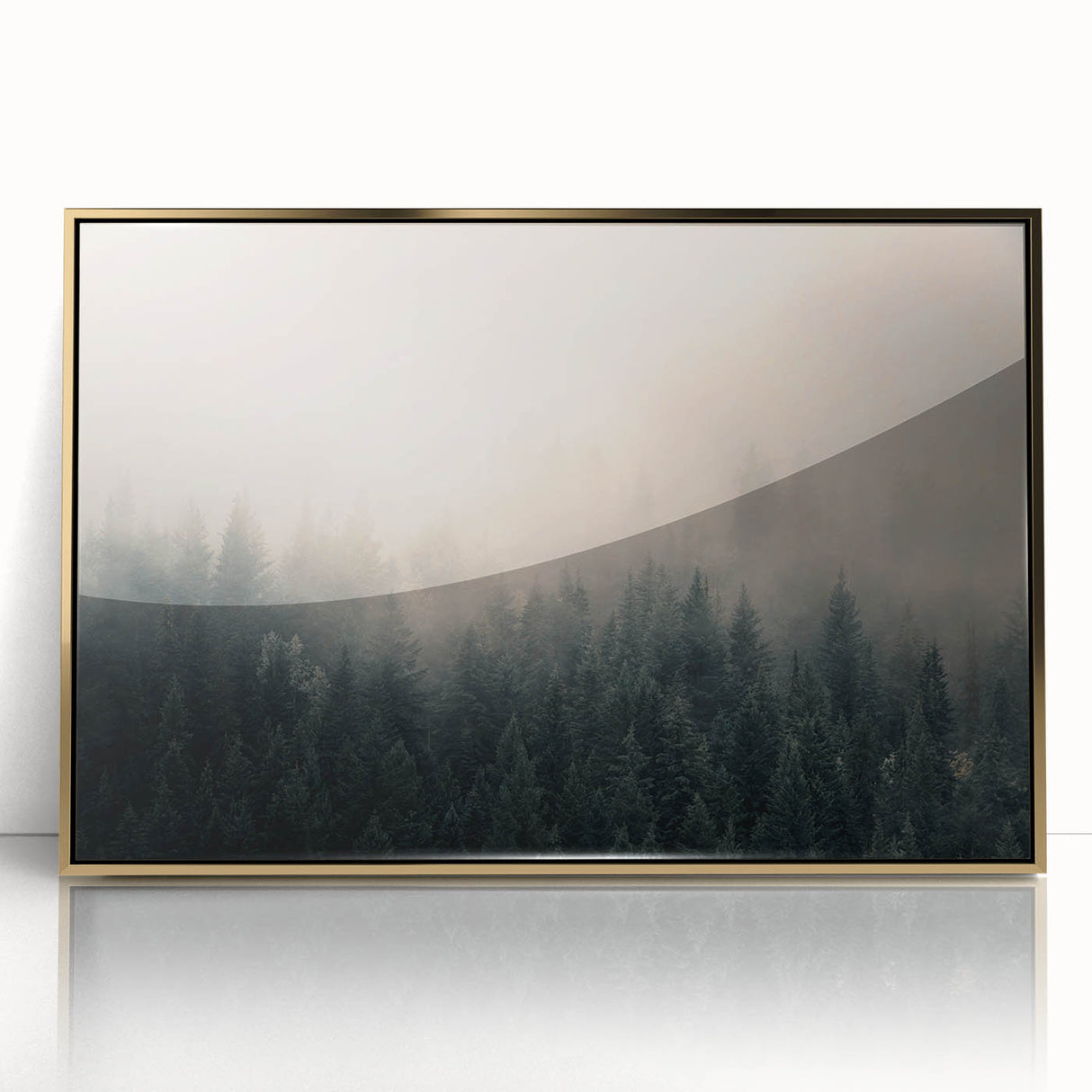Mid-century modernist style large art print of British Columbia scenery in gold framed acrylic.