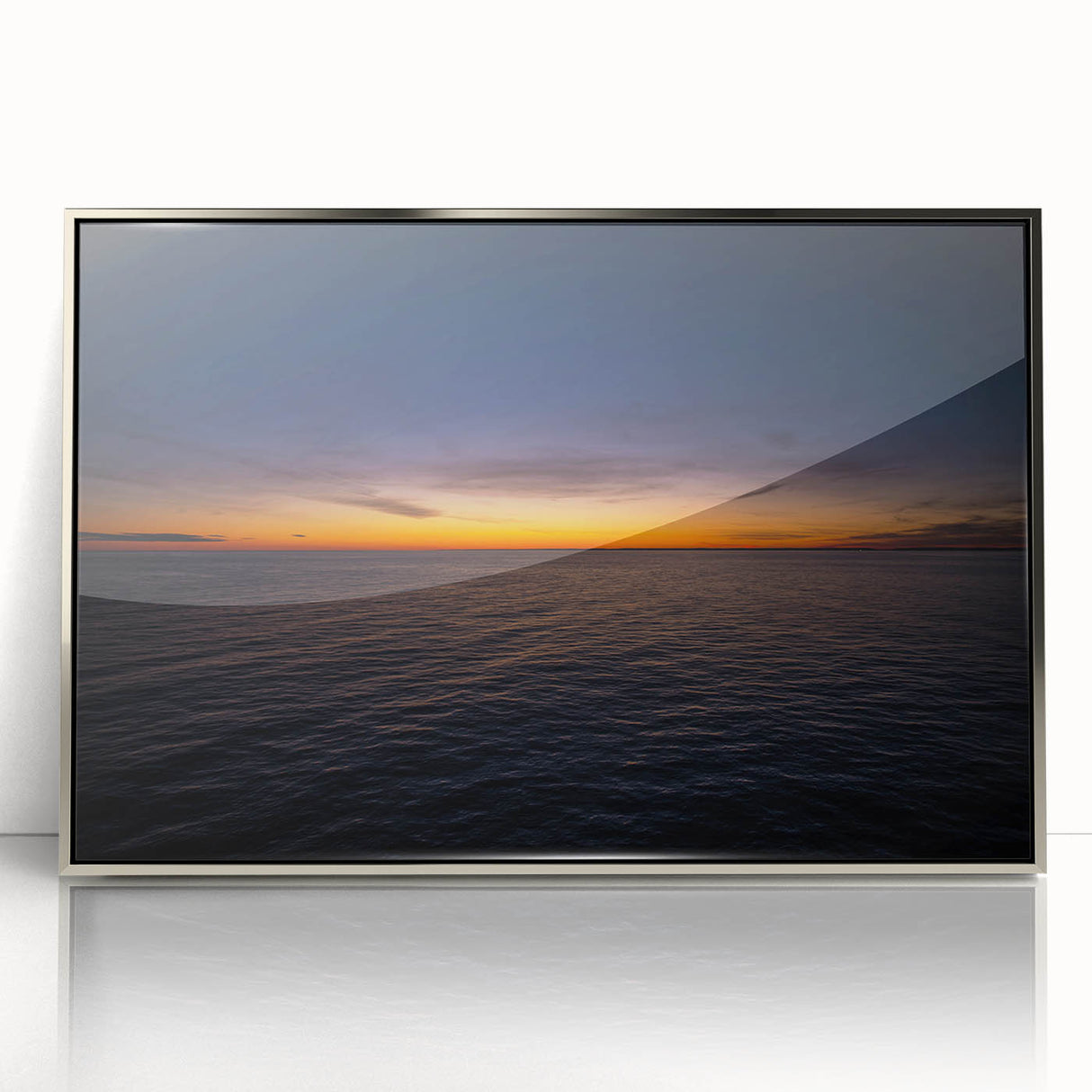 Mid-century modernist art depicting New Brunswick scenery in muted earth tones, framed in silver acrylic.