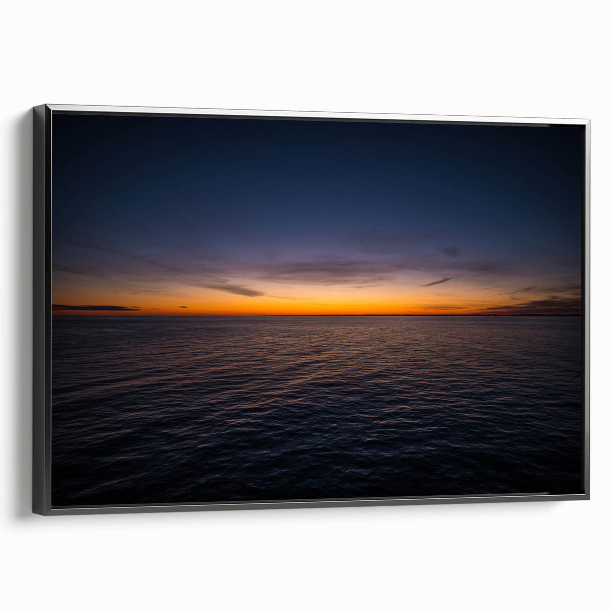 Black and white framed canvas depicting a serene New Brunswick landscape, ideal for bedroom wall art.