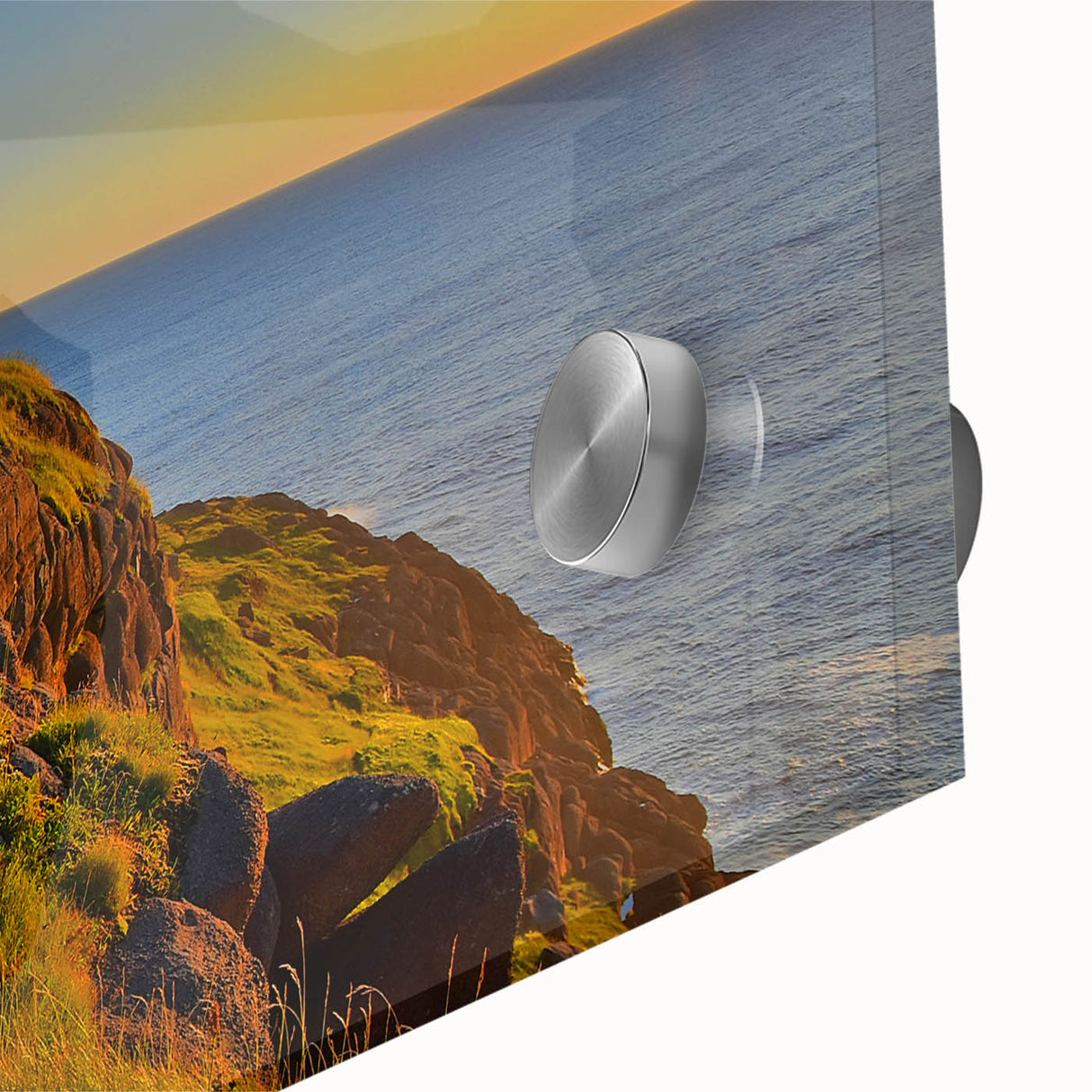 Large abstract wall art depicting a Newfoundland coastline in muted gray and blue tones on acrylic glass.