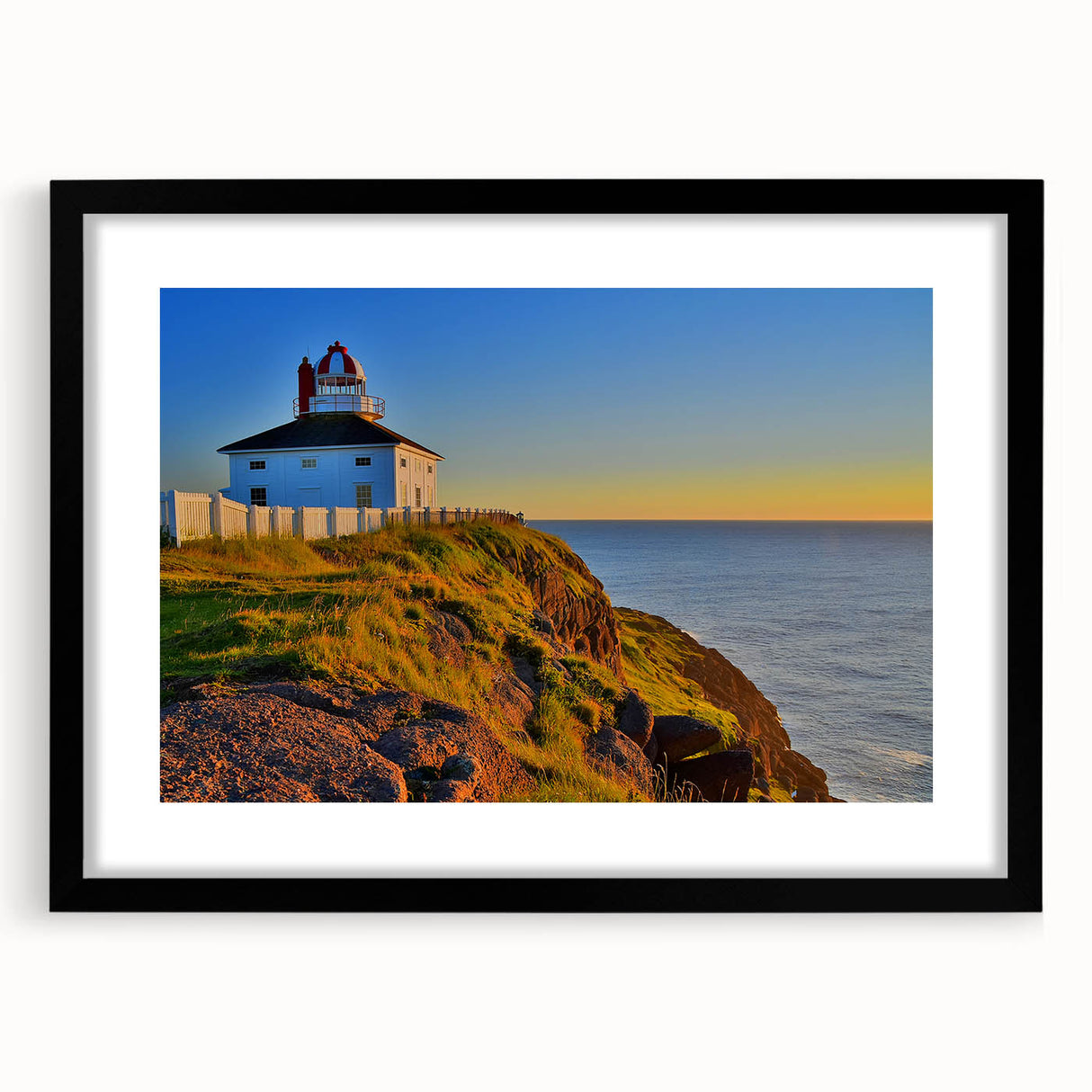 Extra large abstract art print of colorful, textured scenery of Newfoundland, set in a black frame with mat.