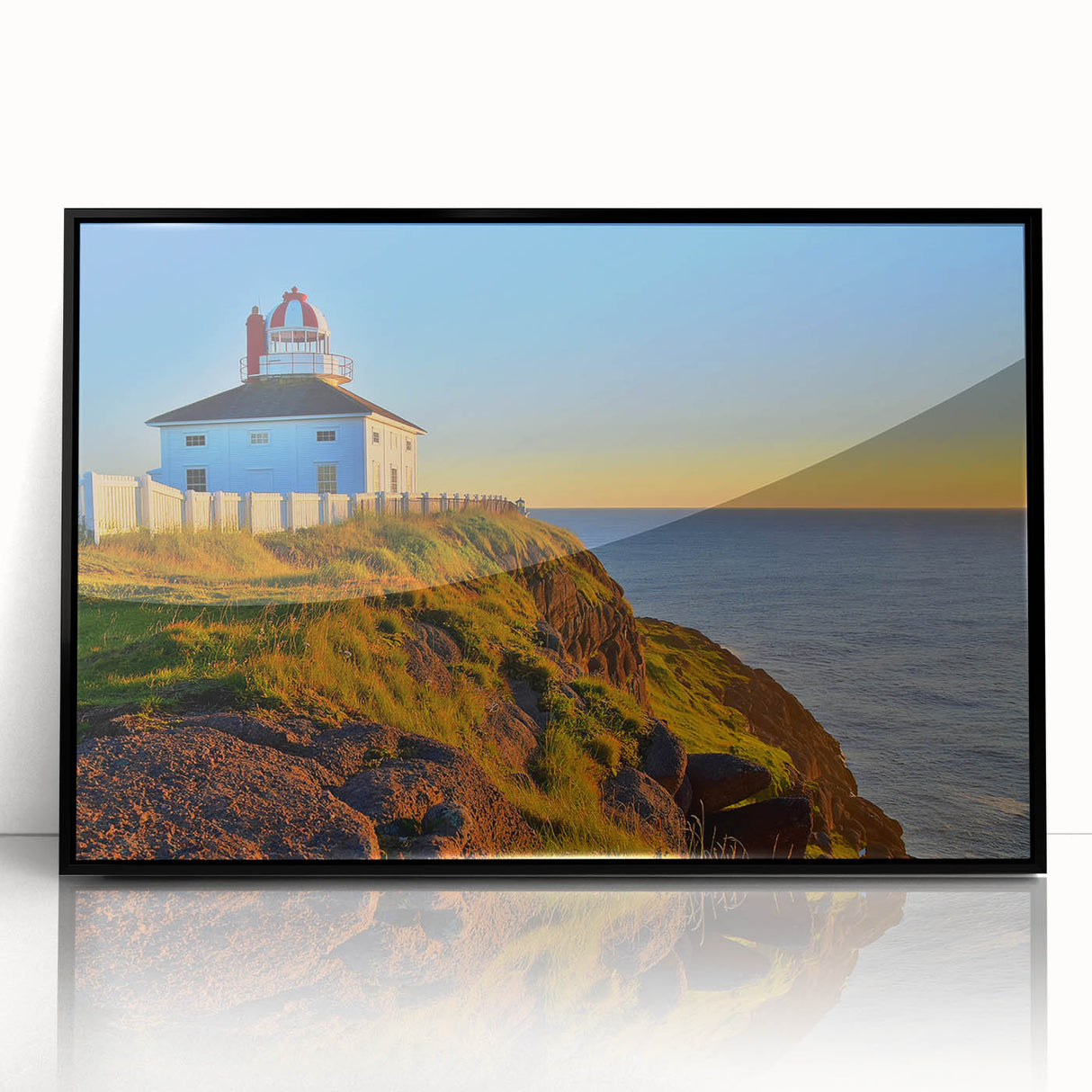 Large abstract wall art depicting a Newfoundland scenery in black and white tones, framed in acrylic.