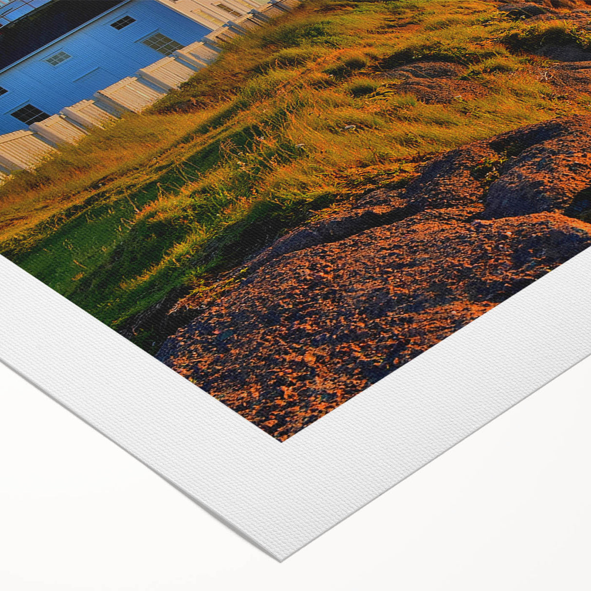 Art deco poster of Newfoundland scenery in muted earth tones on rolled canvas, suitable for dining room wall art.