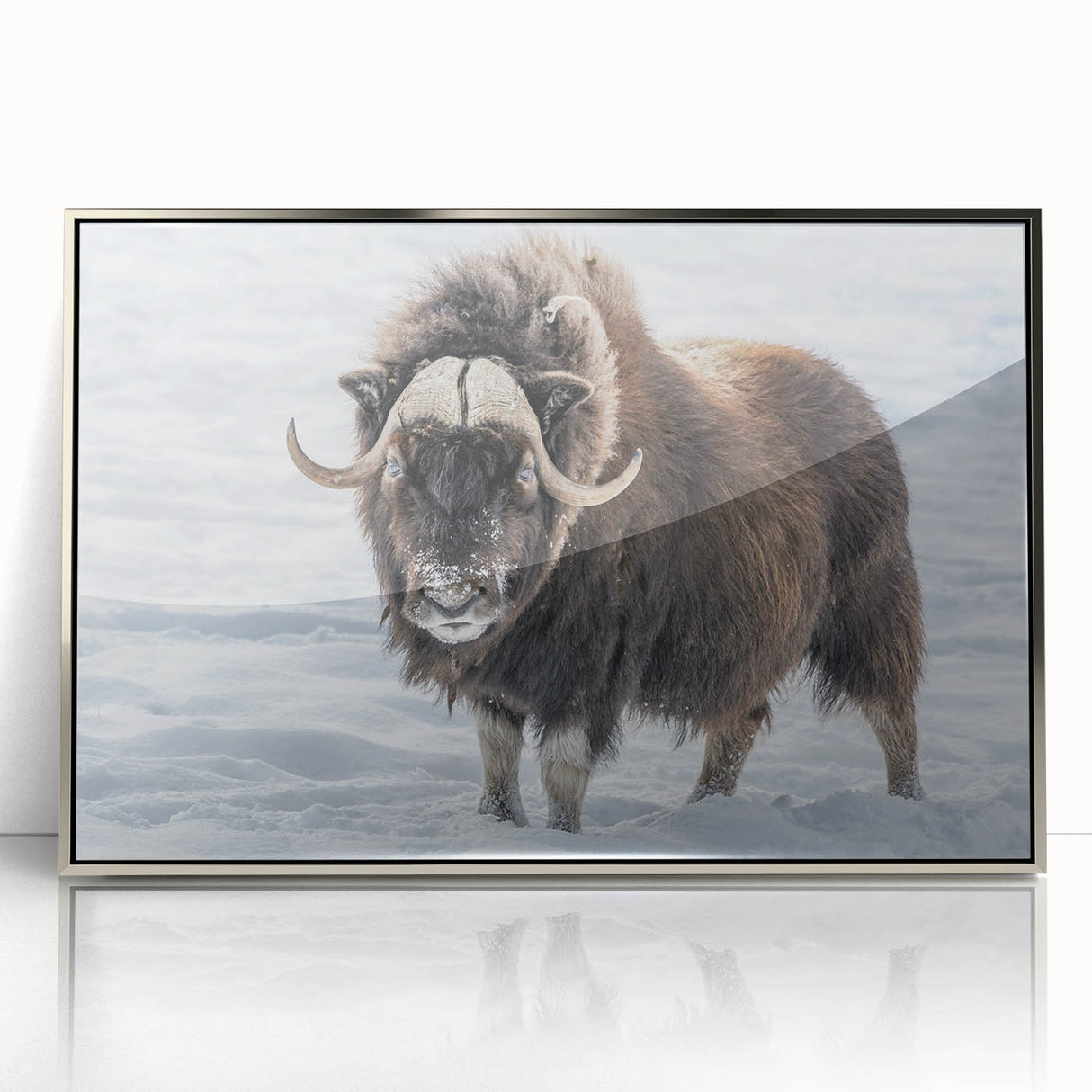 Mid-century modernist art depicting the Northwest Territories landscape in muted earth tones on a silver-framed acrylic…