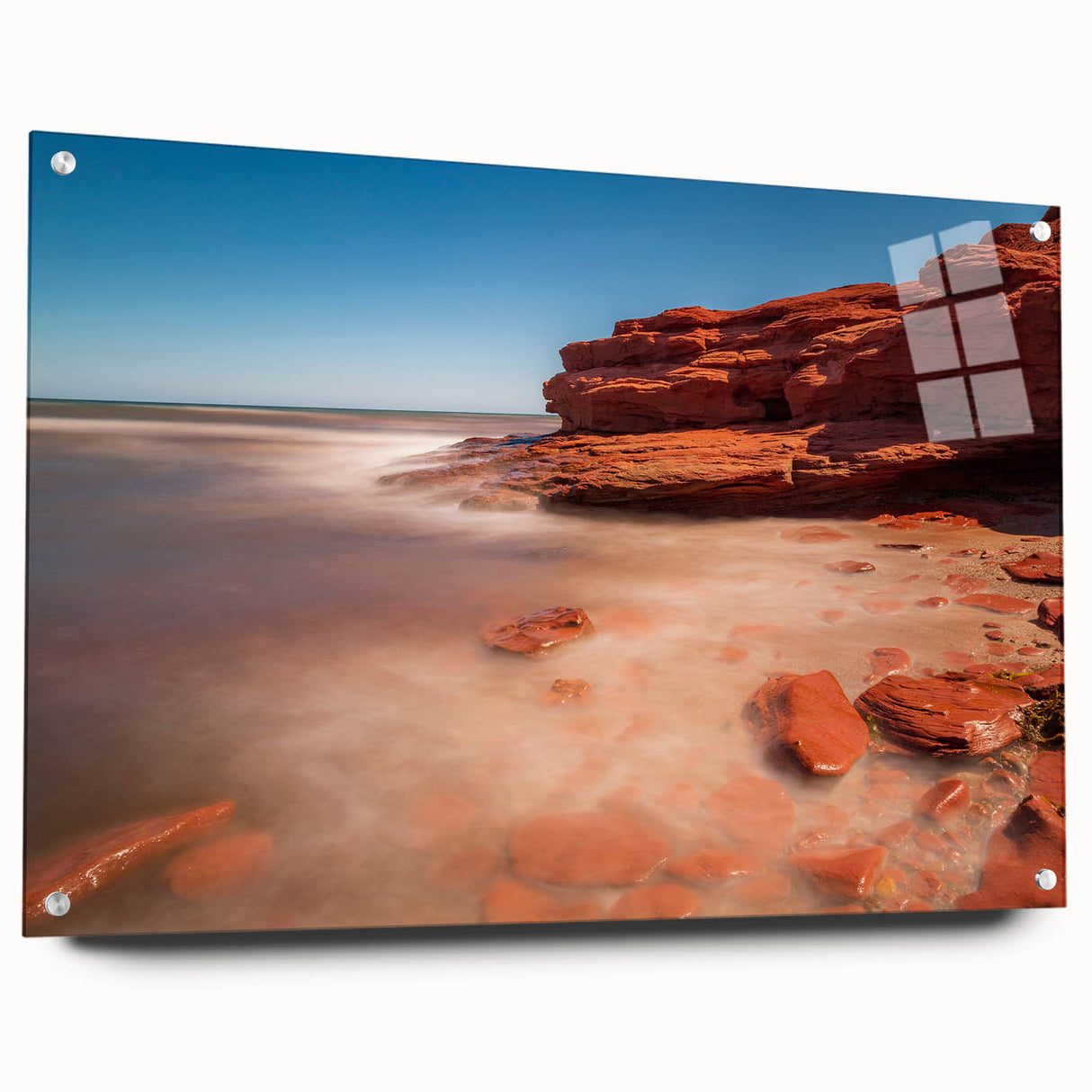 Acrylic print of a Prince Edward Island landscape in muted blue and green tones, suitable for bedroom or dining room decor.