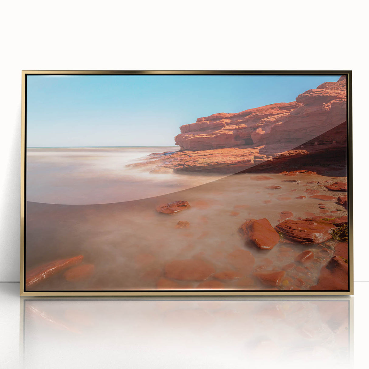 Mid-century modernist style large art print of Prince Edward Island scenery in gold frame, ideal for nursery wall decor.