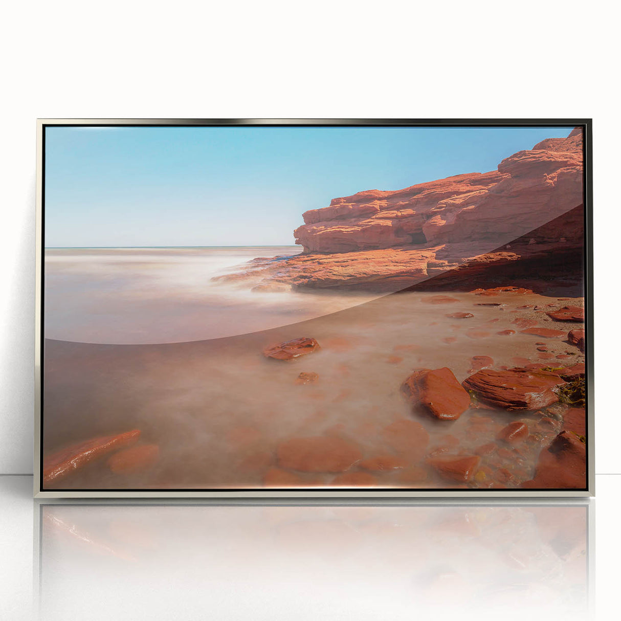 Mid-century modernist art depicting Prince Edward Island landscape in muted earth tones, framed acrylic.