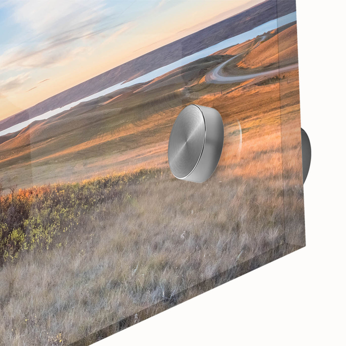 Large abstract wall art depicting a Saskatchewan scenery in muted earth tones on acrylic glass.