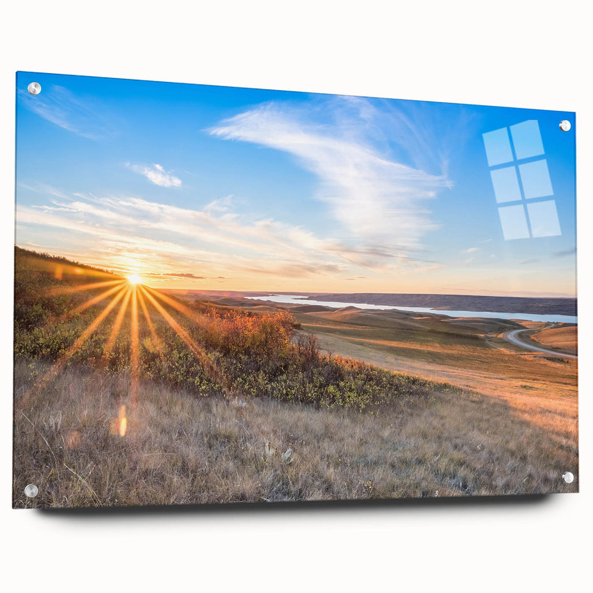 Acrylic print of a large abstract landscape in muted earth tones, ideal for bedroom or dining room decor.