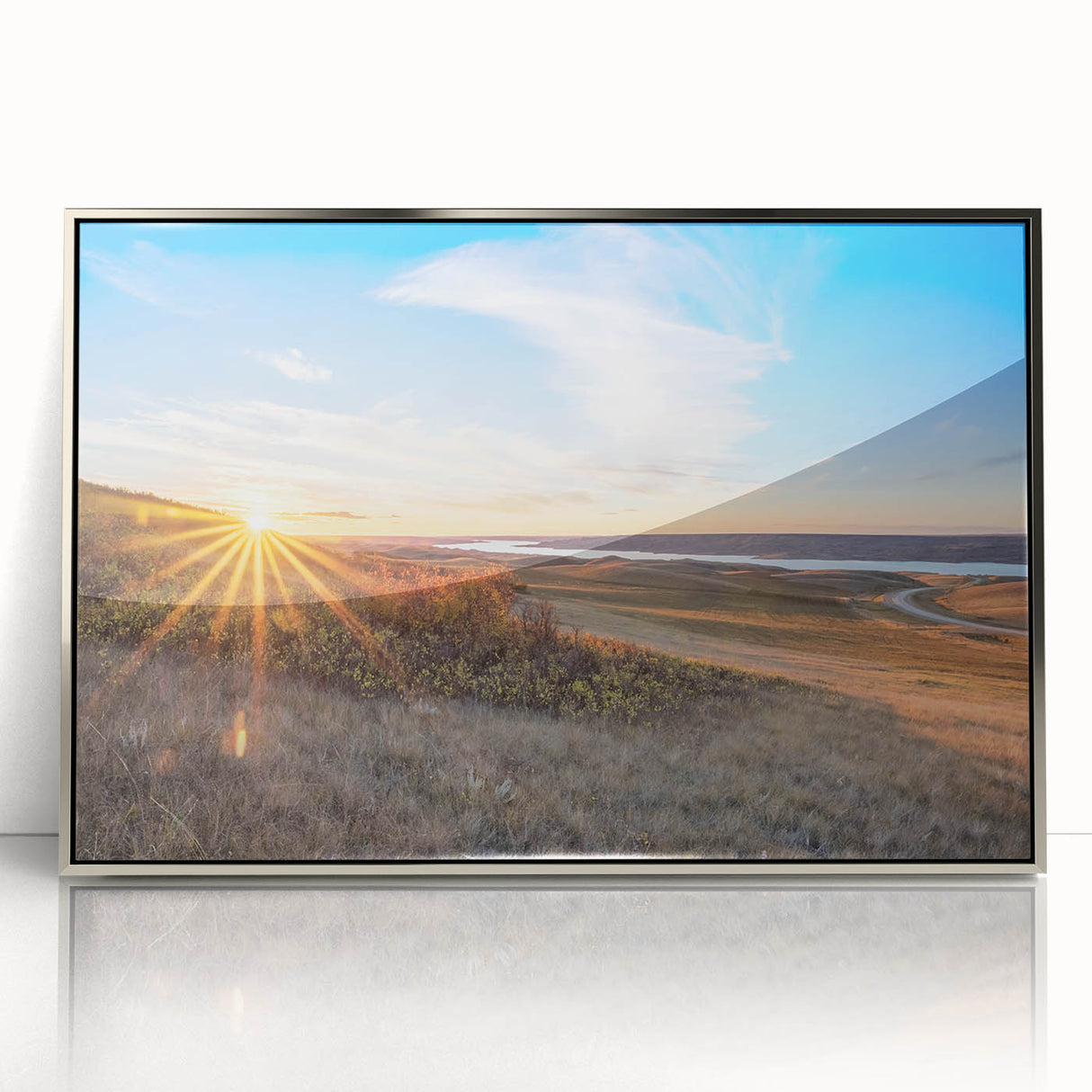 Mid-century modernist art depicting Saskatchewan scenery in muted earth tones on a silver-framed acrylic print.