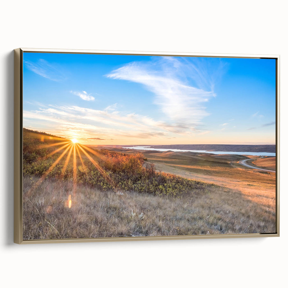 Framed canvas depicting a vintage-style landscape of Saskatchewan with muted earth tones, ideal for bedroom wall art.