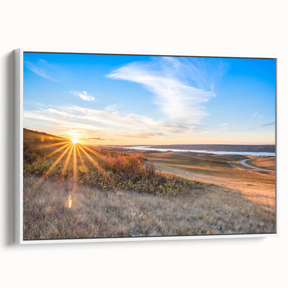 Vintage poster art of a Saskatchewan landscape on framed canvas, featuring vibrant colors, ideal for living room decor.