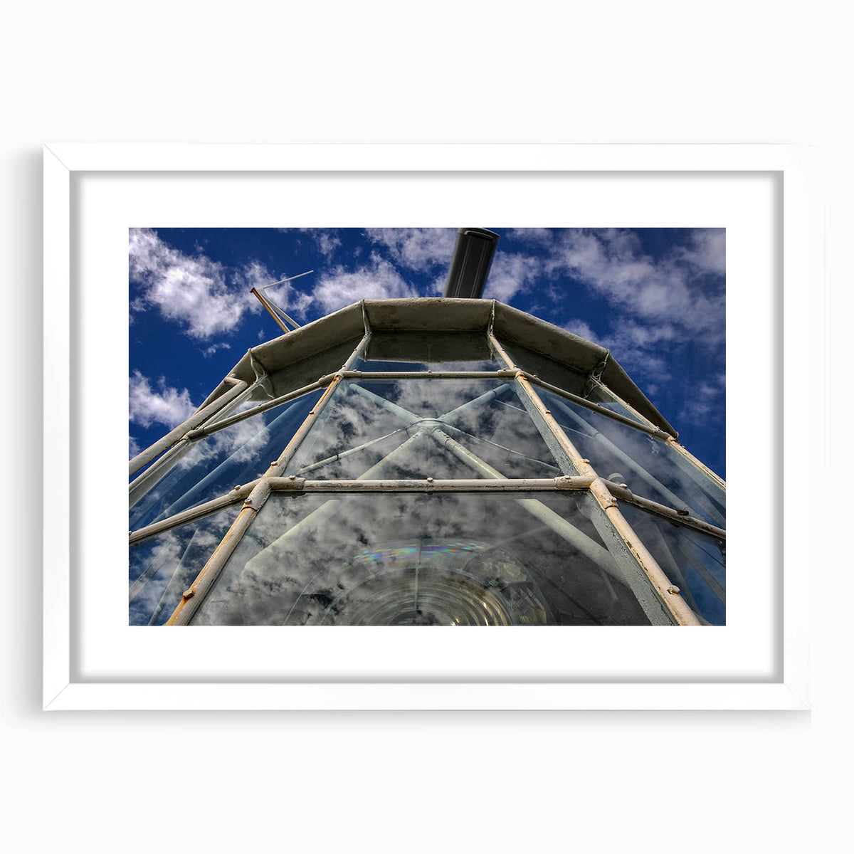 Extra large textured abstract art print depicting Caribbean scenery in muted blues and greens, framed with a white mat.