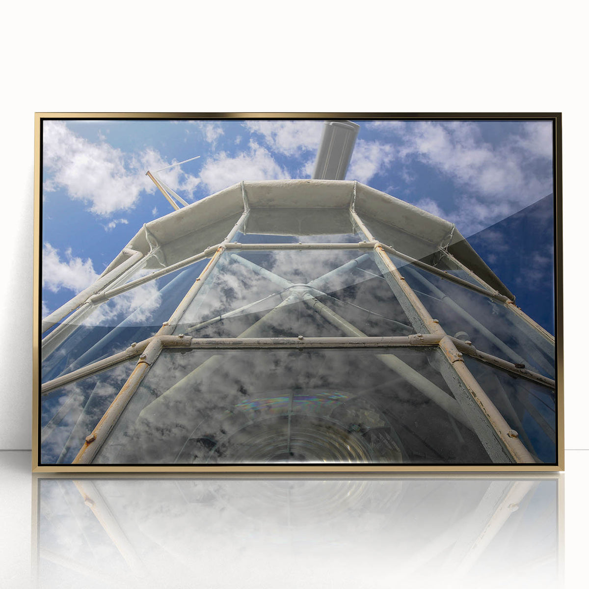 Art deco poster of Caribbean scenery in Bermuda, featuring vibrant ocean blues and gold accents, framed acrylic.
