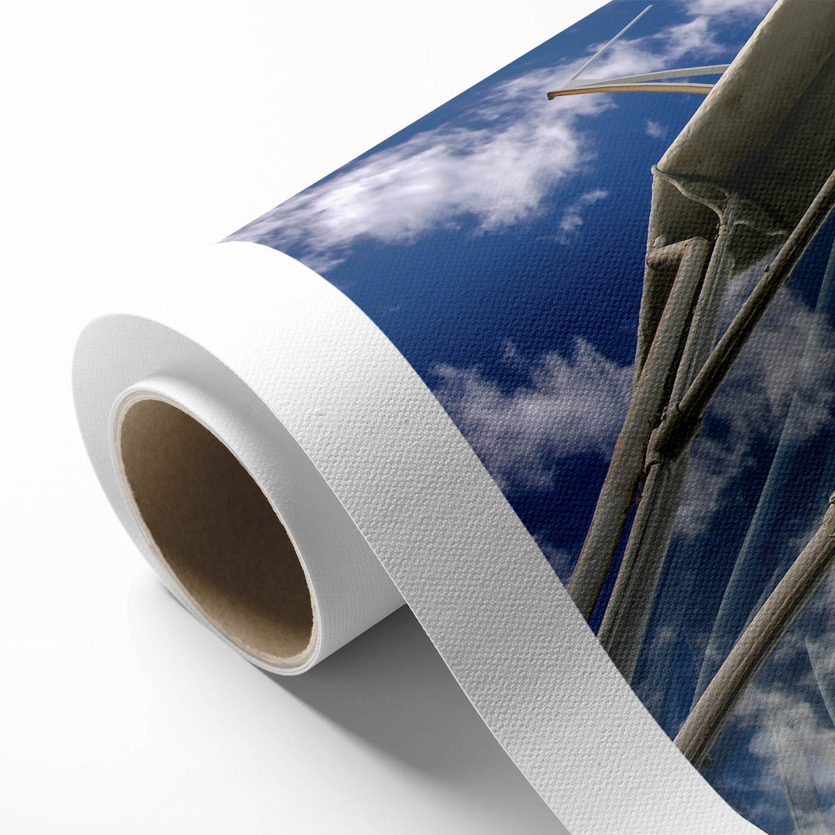 Art deco poster of Caribbean scenery on rolled canvas, featuring pastel blue and pink tones, ideal for nursery wall art.
