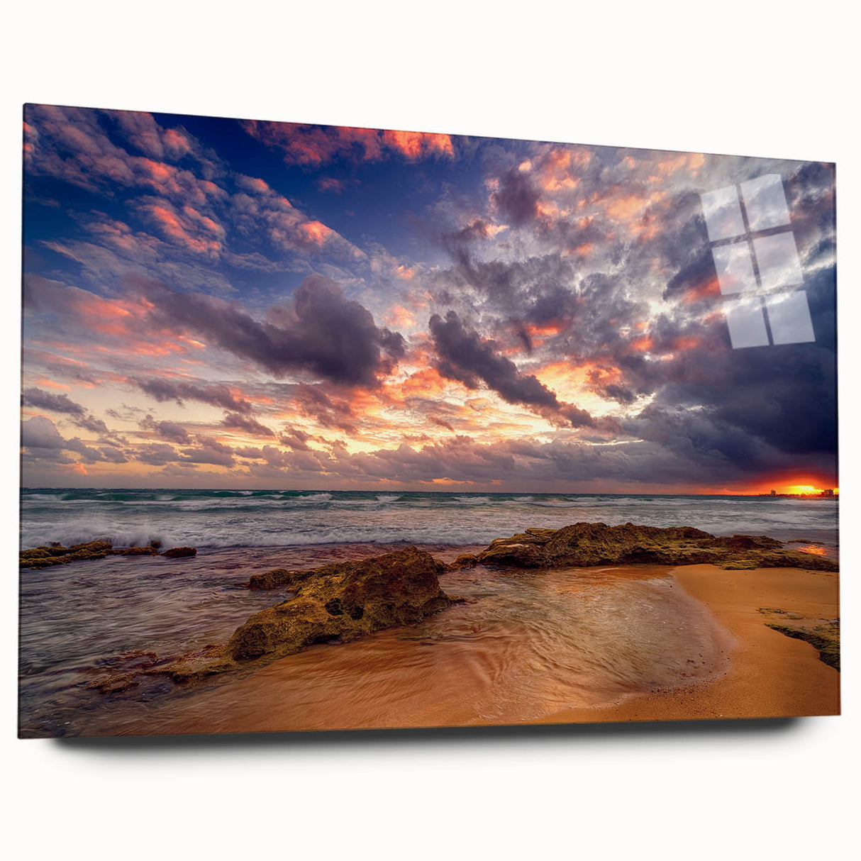 Large abstract wall art of Caribbean scenery on acrylic glass, featuring vibrant blue and green tones.