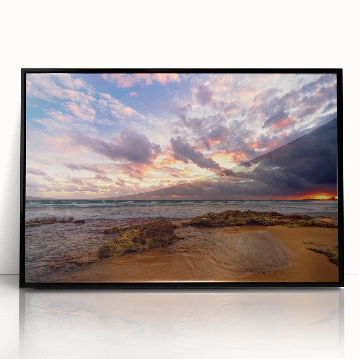 Large abstract wall art depicting a vibrant Caribbean scene in Puerto Rico, framed in black acrylic.