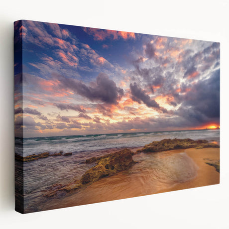 Large art print of a Caribbean scenery on stretched canvas, featuring vivid blue and green tones, ideal for kitchen wall art.