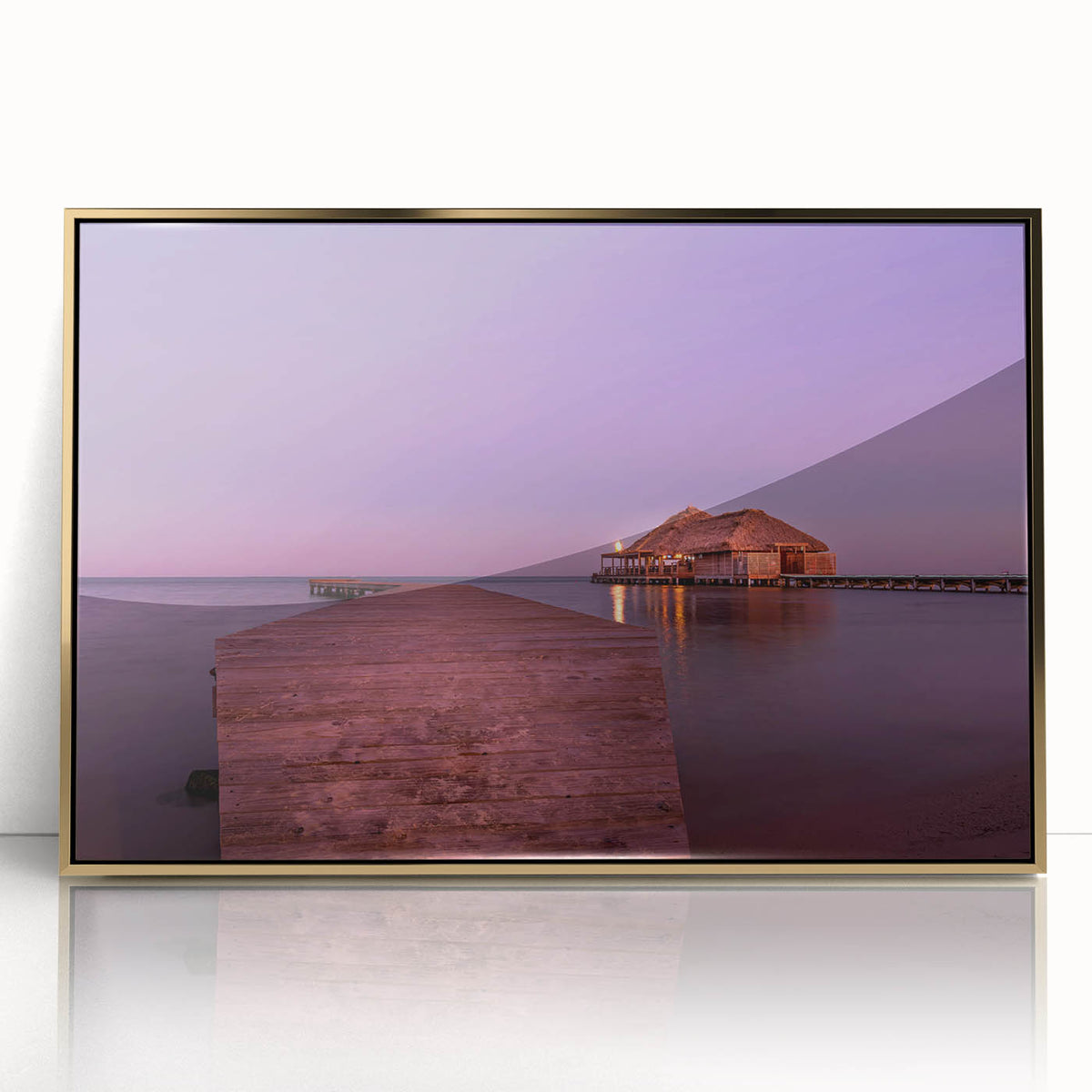 Framed acrylic print of a Belizean landscape in a mid-century modernist style, featuring green and gold tones.