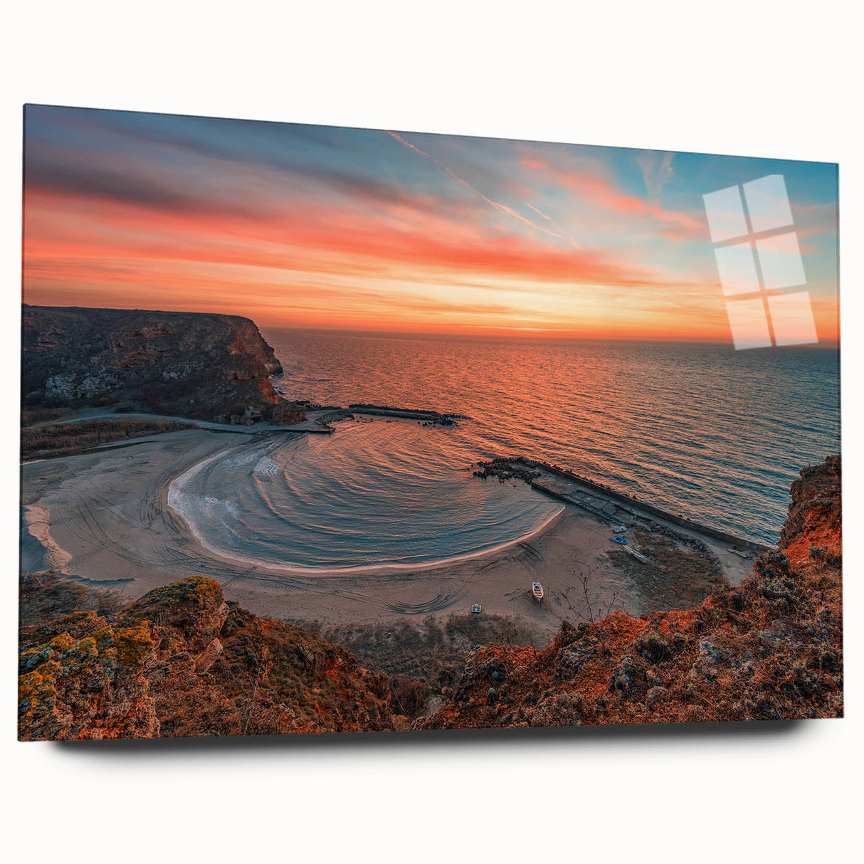 Large abstract wall art of European scenery in muted earth tones on acrylic glass, ideal for bedroom or dining room decor.